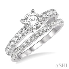7/8 Ctw Round Cut Diamond Wedding Set With 5/8 Ct Engagement Ring and 1/4 Ct Wedding Band in 14K White Gold