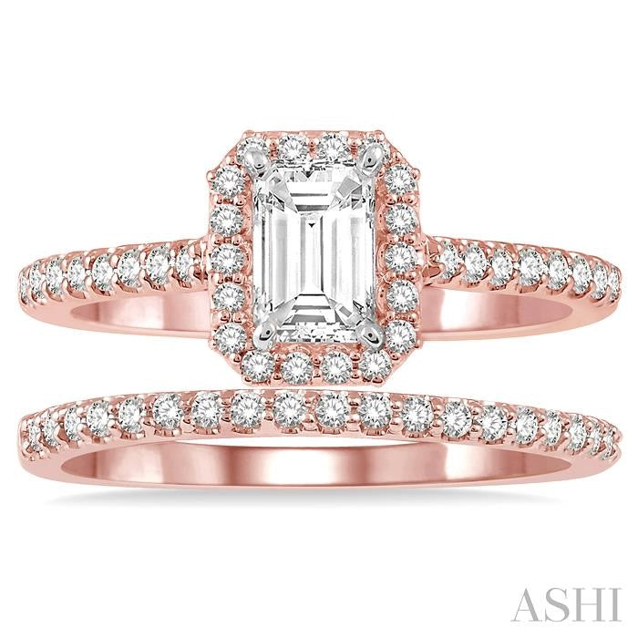 7/8 Ctw Diamond Wedding Set With 3/4 Ct Emerald Cut Diamond Engagement Ring and 1/6 Ct Wedding Band in 14K Rose and White Gold