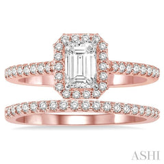 7/8 Ctw Diamond Wedding Set With 3/4 Ct Emerald Cut Diamond Engagement Ring and 1/6 Ct Wedding Band in 14K Rose and White Gold