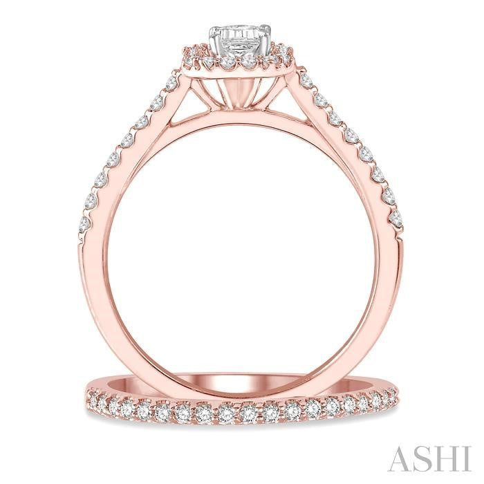 7/8 Ctw Diamond Wedding Set With 3/4 Ct Emerald Cut Diamond Engagement Ring and 1/6 Ct Wedding Band in 14K Rose and White Gold