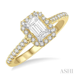 3/4 Ctw Emerald Cut Diamond Ladies Engagement Ring with 1/2 Ct Emerald Cut Center Stone in 14K Yellow and White Gold