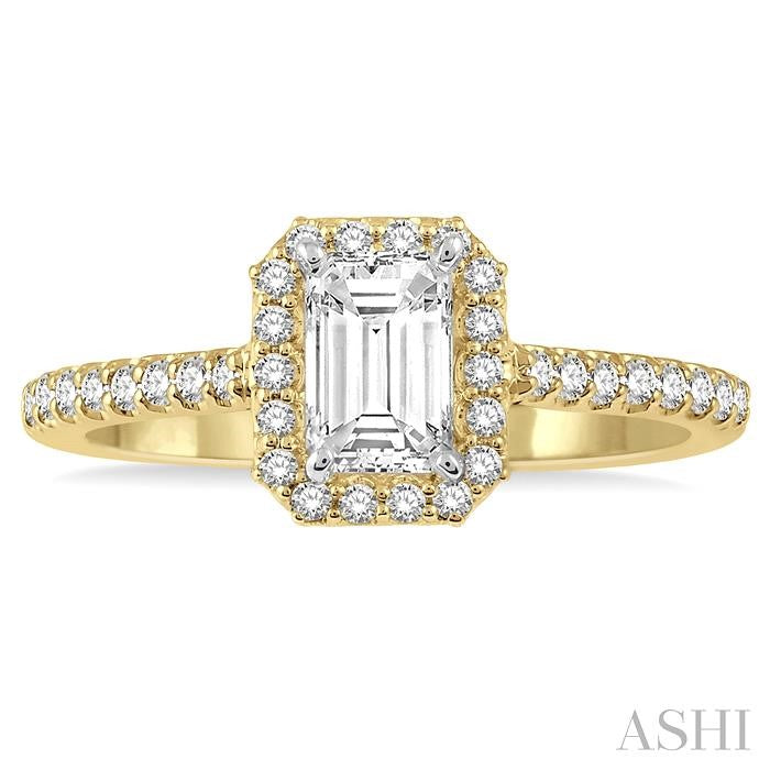 3/4 Ctw Emerald Cut Diamond Ladies Engagement Ring with 1/2 Ct Emerald Cut Center Stone in 14K Yellow and White Gold