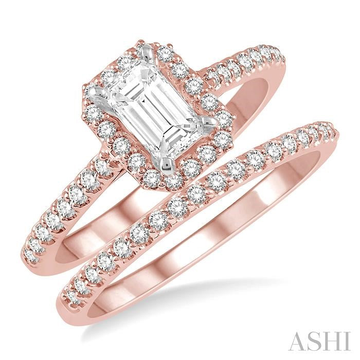 1/2 Ctw Diamond Wedding Set With 3/8 Ctw Emerald Cut Center Engagement Ring and 1/10 Ctw Wedding Band in 14K Rose and White Gold