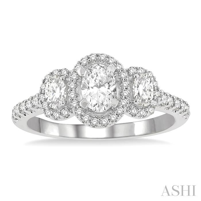 1 Ctw Past, Present & Future Round Cut Diamond Engagement Ring With 3/8 Ct Oval Cut Center Stone in 14K White Gold