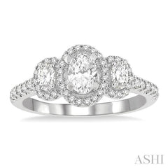 1 Ctw Past, Present & Future Round Cut Diamond Engagement Ring With 3/8 Ct Oval Cut Center Stone in 14K White Gold