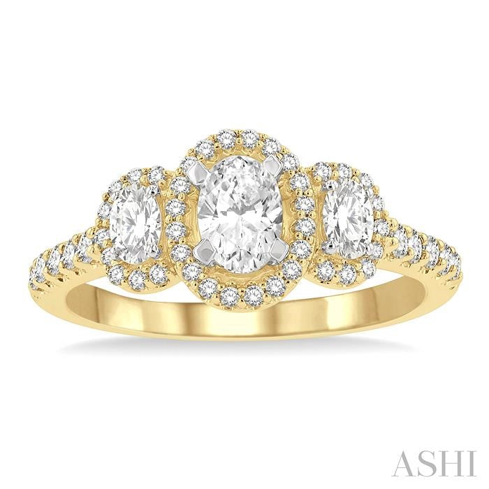 5/8 Ctw Oval Shape Past, Present & Future Round Cut Diamond Semi-Mount Engagement Ring in 14K Yellow and White Gold