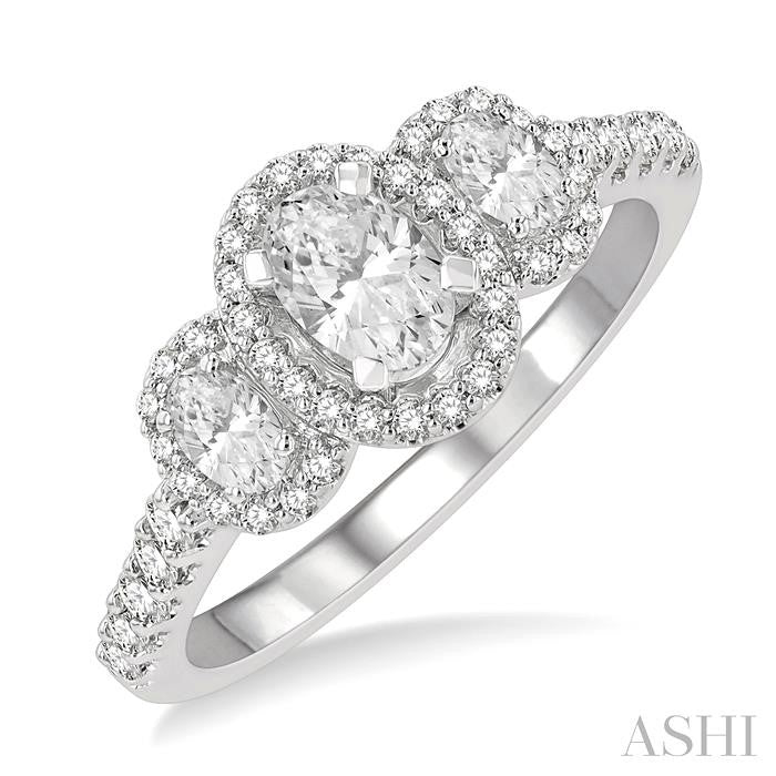 5/8 Ctw Oval Shape Past, Present & Future Round Cut Diamond Semi-Mount Engagement Ring in 14K White Gold