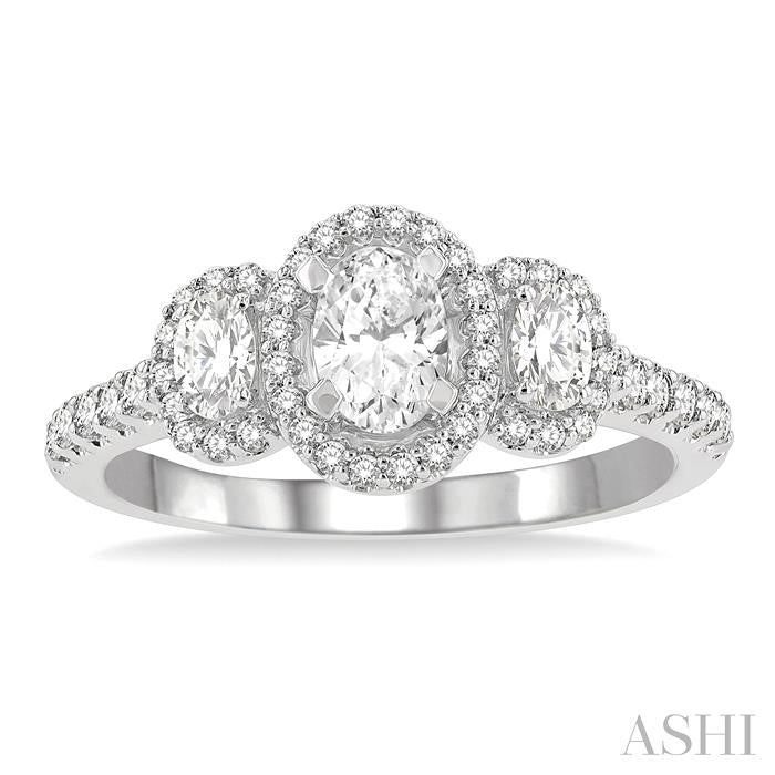 5/8 Ctw Oval Shape Past, Present & Future Round Cut Diamond Semi-Mount Engagement Ring in 14K White Gold