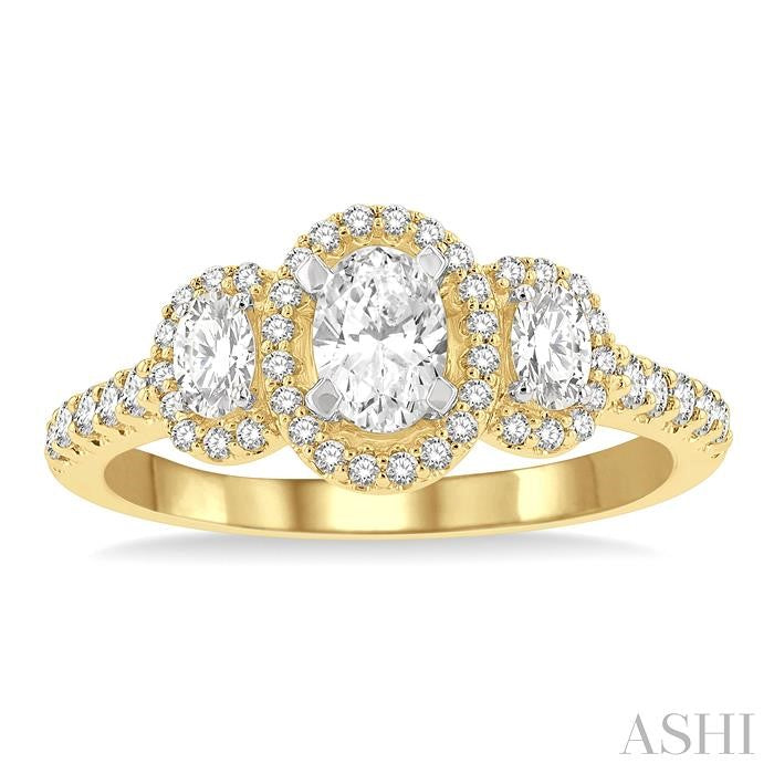 5/8 Ctw Oval Shape Past, Present & Future Round Cut Diamond Semi-Mount Engagement Ring in 14K Yellow and White Gold