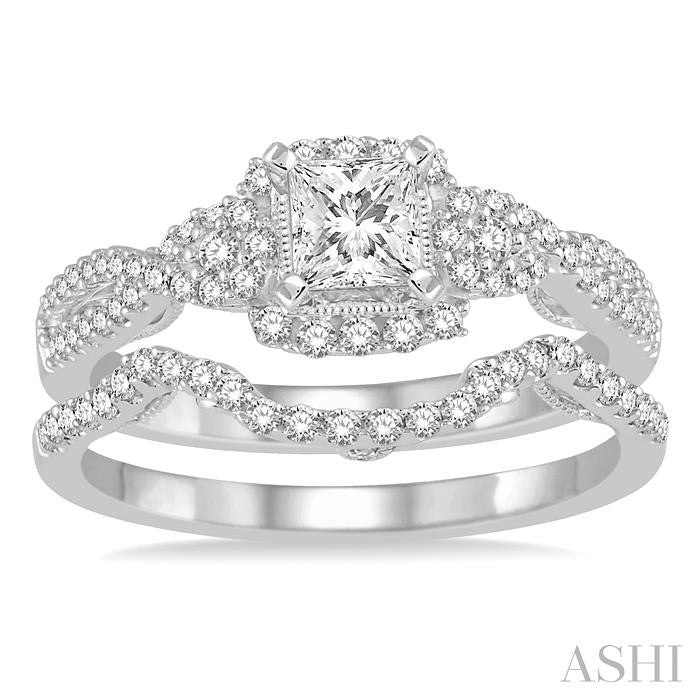 3/4 Ctw Diamond Bridal Set with 1/2 Ctw Princess Cut Engagement Ring and 1/6 Ctw Wedding Band in 14K White Gold