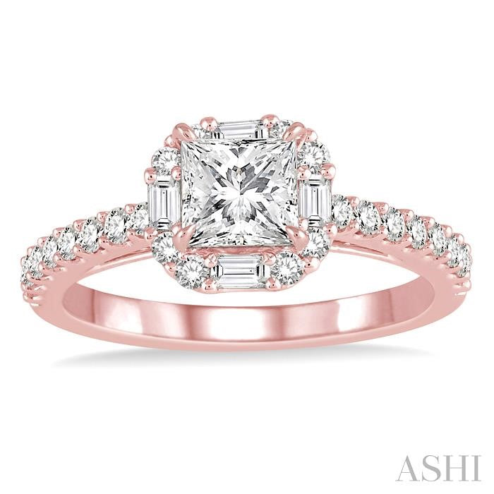 1 1/5 Ctw Diamond Engagement Ring with 5/8 Ct Princess Cut Center Stone in 14K Rose Gold