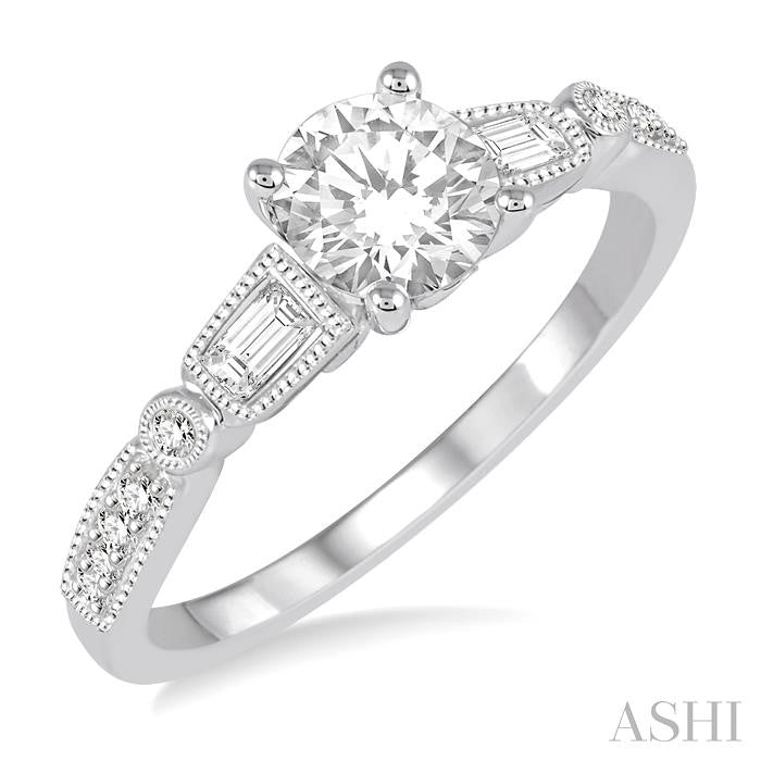 5/8 Ctw Diamond Engagement Ring with 3/8 Ct Round Cut Center Stone in 14K White Gold