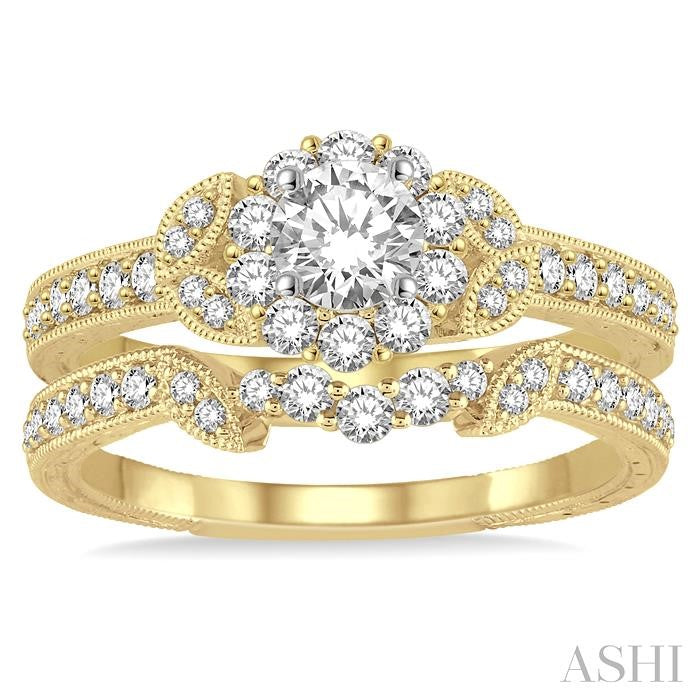3/4 Ctw Diamond Bridal Set with 1/2 Ctw Round Cut Engagement Ring and 1/6 Ctw Wedding Band in 14K Yellow and White Gold