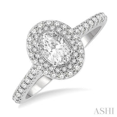 1 Ctw Round Cut Diamond Engagement Ring With 1/2 Ct Oval Cut Center Stone in 14K White Gold