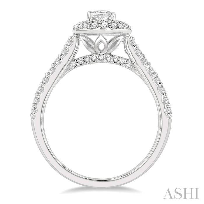 1 Ctw Round Cut Diamond Engagement Ring With 1/2 Ct Oval Cut Center Stone in 14K White Gold