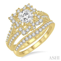 1 3/4 Ctw Diamond Bridal Set with 1 1/2 Ctw Princess Cut Engagement Ring and 1/4 Ctw Wedding Band in 14K Yellow Gold