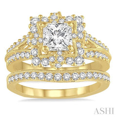 1 3/4 Ctw Diamond Bridal Set with 1 1/2 Ctw Princess Cut Engagement Ring and 1/4 Ctw Wedding Band in 14K Yellow Gold