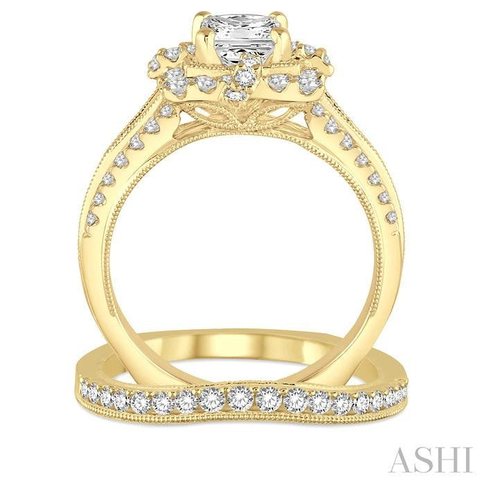 1 3/4 Ctw Diamond Bridal Set with 1 1/2 Ctw Princess Cut Engagement Ring and 1/4 Ctw Wedding Band in 14K Yellow Gold