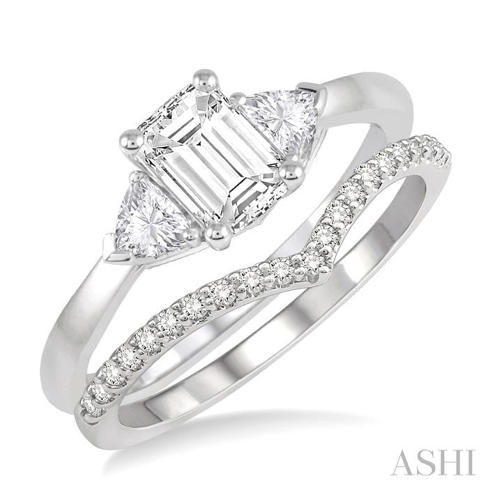 3/4 Ctw Diamond Wedding Set With 3/4 Ctw Emerald & Triangle Cut Engagement Ring and 1/10 Ctw Chevron Center Diamond Wedding Band in 14K White Gold