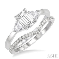 3/4 Ctw Diamond Wedding Set With 3/4 Ctw Emerald & Triangle Cut Engagement Ring and 1/10 Ctw Chevron Center Diamond Wedding Band in 14K White Gold