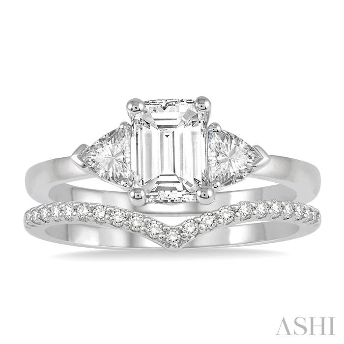 3/4 Ctw Diamond Wedding Set With 3/4 Ctw Emerald & Triangle Cut Engagement Ring and 1/10 Ctw Chevron Center Diamond Wedding Band in 14K White Gold