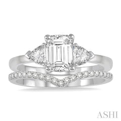 3/4 Ctw Diamond Wedding Set With 3/4 Ctw Emerald & Triangle Cut Engagement Ring and 1/10 Ctw Chevron Center Diamond Wedding Band in 14K White Gold