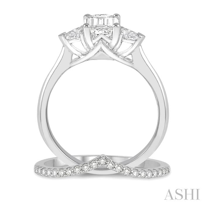 3/4 Ctw Diamond Wedding Set With 3/4 Ctw Emerald & Triangle Cut Engagement Ring and 1/10 Ctw Chevron Center Diamond Wedding Band in 14K White Gold