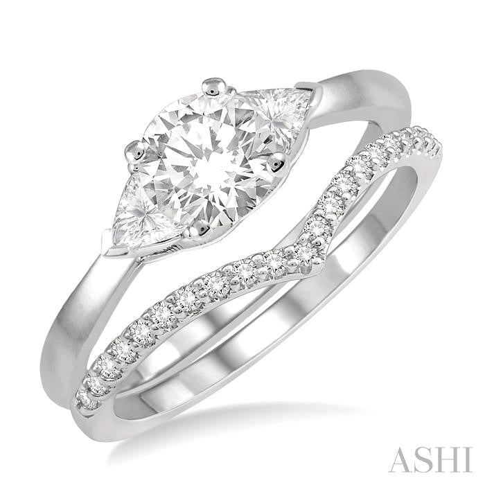 3/4 Ctw Diamond Wedding Set With 3/4 Ctw Round & Triangle Cut Engagement Ring and 1/10 Ctw Chevron Diamond Wedding Band in 14K White Gold