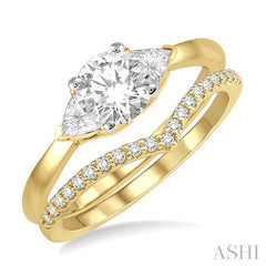 3/4 Ctw Diamond Wedding Set With 3/4 Ctw Round & Triangle Cut Engagement Ring and 1/10 Ctw Chevron Diamond Wedding Band in 14K Yellow and White Gold