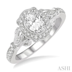 1/5 Ctw Lattice Oval Shape Semi-Mount Round Cut Diamond Engagement Ring in 14K White Gold