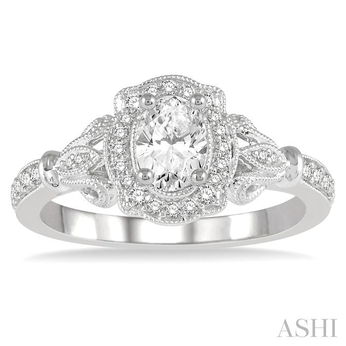 1/5 Ctw Lattice Oval Shape Semi-Mount Round Cut Diamond Engagement Ring in 14K White Gold
