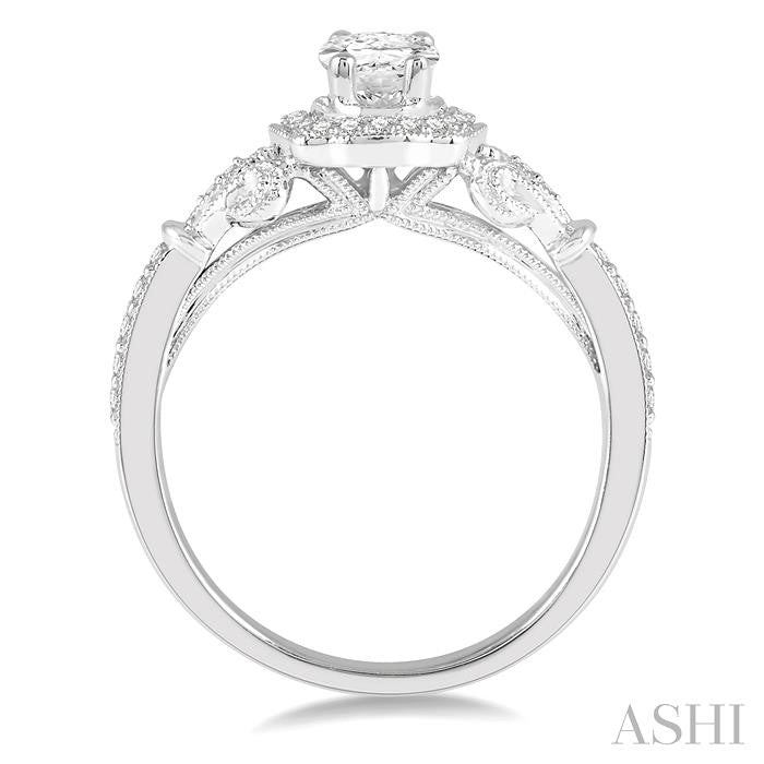 1/5 Ctw Lattice Oval Shape Semi-Mount Round Cut Diamond Engagement Ring in 14K White Gold