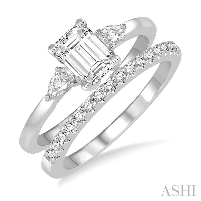 7/8 Ctw Diamond Wedding Set With 3/4 Ctw Octagon Emerald & Pear Cut Engagement Ring and 1/6 Ctw Round Cut Diamond Wedding Band in 14K White Gold