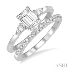 7/8 Ctw Diamond Wedding Set With 3/4 Ctw Octagon Emerald & Pear Cut Engagement Ring and 1/6 Ctw Round Cut Diamond Wedding Band in 14K White Gold