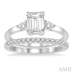7/8 Ctw Diamond Wedding Set With 3/4 Ctw Octagon Emerald & Pear Cut Engagement Ring and 1/6 Ctw Round Cut Diamond Wedding Band in 14K White Gold