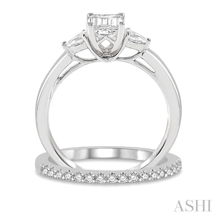 5/8 Ctw Diamond Wedding Set With 1/2 Ctw Octagon Emerald & Pear Cut Engagement Ring and 1/10 Ctw Round Cut Diamond Wedding Band in 14K White Gold
