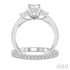 5/8 Ctw Diamond Wedding Set With 1/2 Ctw Octagon Emerald & Pear Cut Engagement Ring and 1/10 Ctw Round Cut Diamond Wedding Band in 14K White Gold