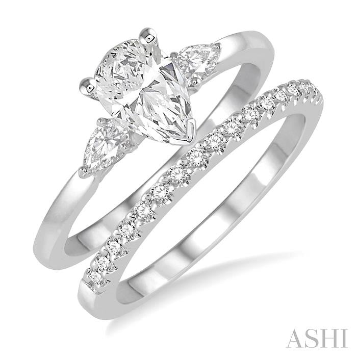 5/8 Ctw Diamond Wedding Set With 1/2 Ctw Pear Cut Engagement Ring and 1/10 Ctw Round Cut Diamond Wedding Band in 14K White Gold