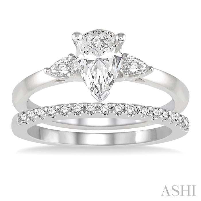 5/8 Ctw Diamond Wedding Set With 1/2 Ctw Pear Cut Engagement Ring and 1/10 Ctw Round Cut Diamond Wedding Band in 14K White Gold