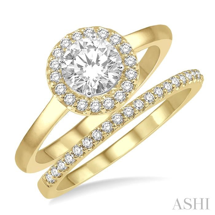 3/4 Ctw Round Cut Diamond Wedding Set With 5/8 Ct Engagement Ring and 1/6 Ct Wedding Band in 14K Yellow and White Gold