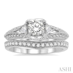 1 1/5 Ctw Diamond Wedding Set with 1 Ctw Round Cut Engagement Ring and 1/5 Ctw Wedding Band in 14K White Gold