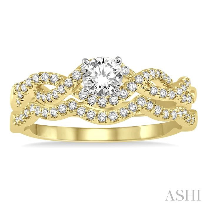 5/8 Ctw Diamond Wedding Set With 1/2 Ct Round Diamond Engagement Ring and 1/10 Ct Wavy Wedding Band in 14K Yellow and White Gold