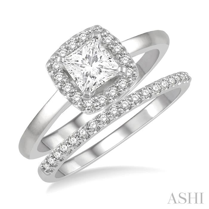 3/8 Ctw Diamond Wedding Set With 1/3 Ct Halo Round Cut & 1/4 Ct Princess Cut Engagement Ring and 1/10 Ct Wedding Band in 14K White Gold