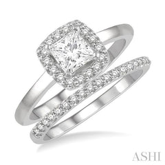 3/8 Ctw Diamond Wedding Set With 1/3 Ct Halo Round Cut & 1/4 Ct Princess Cut Engagement Ring and 1/10 Ct Wedding Band in 14K White Gold