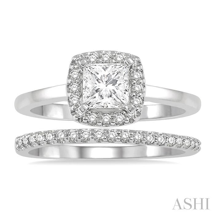 3/8 Ctw Diamond Wedding Set With 1/3 Ct Halo Round Cut & 1/4 Ct Princess Cut Engagement Ring and 1/10 Ct Wedding Band in 14K White Gold