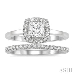 3/8 Ctw Diamond Wedding Set With 1/3 Ct Halo Round Cut & 1/4 Ct Princess Cut Engagement Ring and 1/10 Ct Wedding Band in 14K White Gold