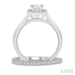 3/8 Ctw Diamond Wedding Set With 1/3 Ct Halo Round Cut & 1/4 Ct Princess Cut Engagement Ring and 1/10 Ct Wedding Band in 14K White Gold