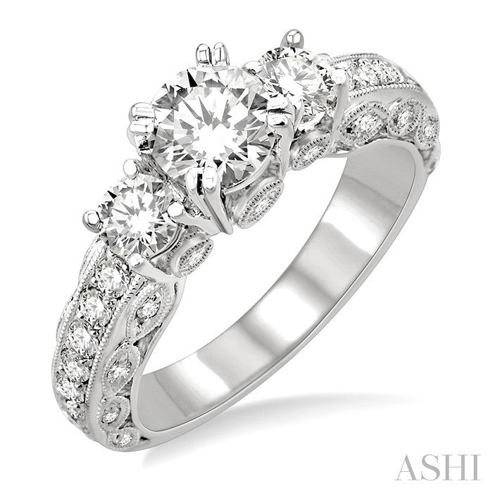 1 1/6 Ctw Tri Stone Semi-Mount Diamond Engagement Ring in 14K White Gold