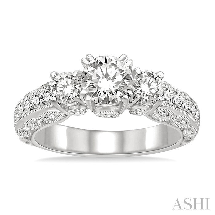 1 1/6 Ctw Tri Stone Semi-Mount Diamond Engagement Ring in 14K White Gold