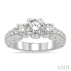 1 1/6 Ctw Tri Stone Semi-Mount Diamond Engagement Ring in 14K White Gold